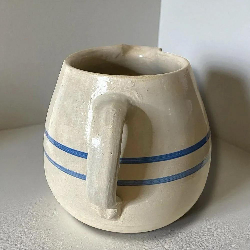 Vintage Glazed Stoneware Pottery Crock Pitcher Double Blue Band Utensil Holder